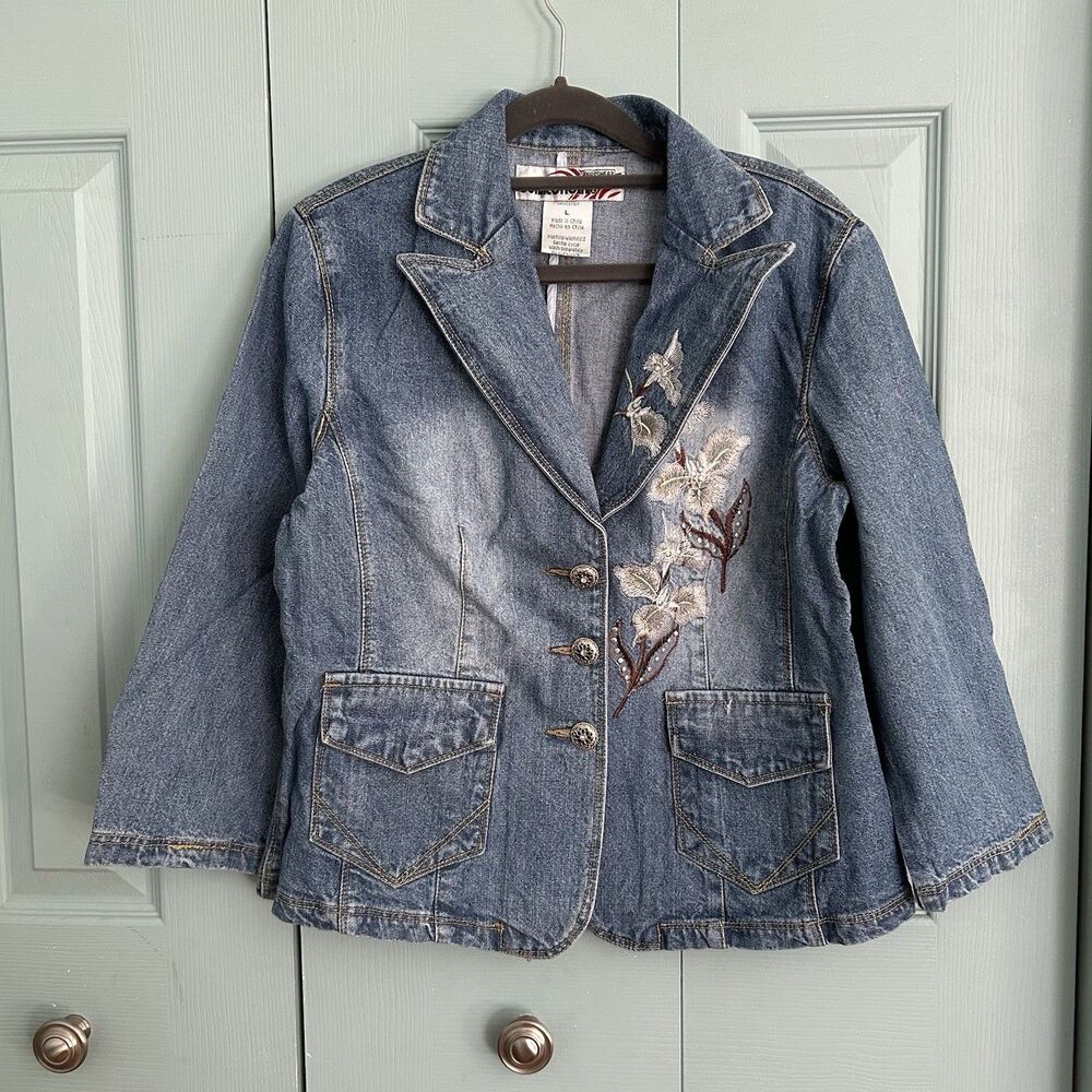 Y2K Connection 18 Womens Denim Jean Jacket Large Floral Embroidery Light Wash